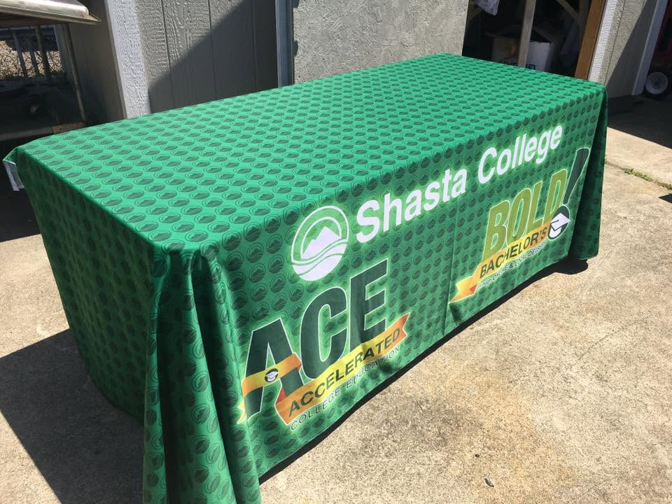 Printed table cover for Shasta College